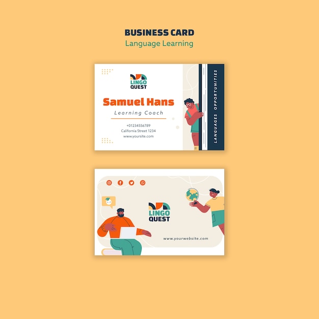 Free PSD hand drawn language learning business card