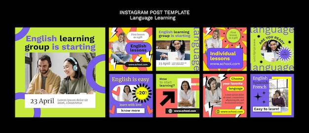 Hand drawn language learning instagram posts template