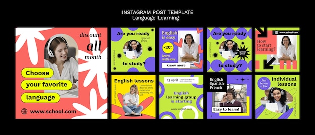 Бесплатный PSD Нарисованные от руки посты в instagram для изучения языка
