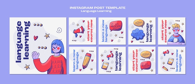 Бесплатный PSD Нарисованные от руки посты в instagram для изучения языка