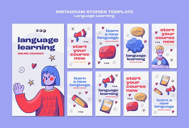 Free PSD hand drawn language learning instagram stories