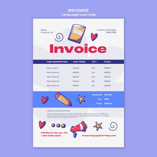 Free PSD hand drawn language learning invoice template