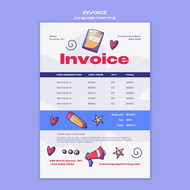 PSD gratuito modello di fattura per l'apprendimento delle lingue disegnato a mano