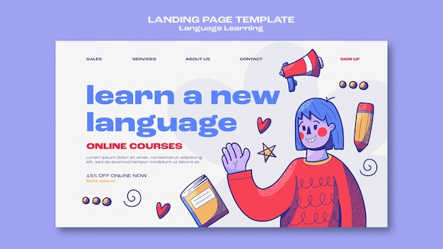 Free PSD hand drawn language learning landing page