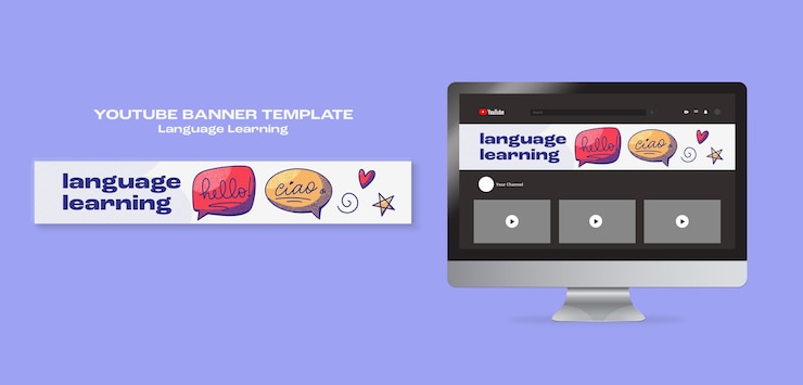 Free PSD hand drawn language learning  youtube banner