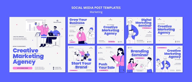 Free PSD hand drawn marketing concept instagram posts