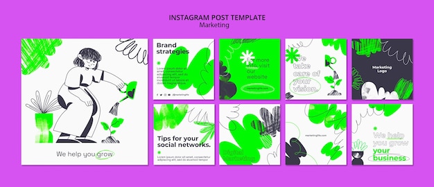 Post di instagram di strategia di marketing disegnati a mano