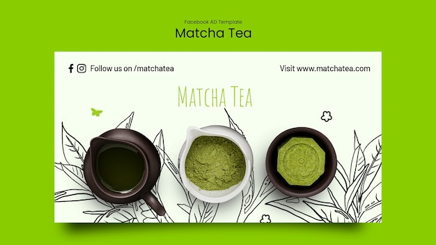 PSD gratuito modello di facebook per il tè matcha disegnato a mano