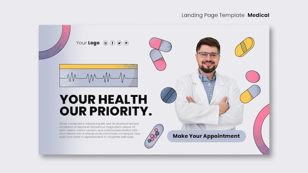 Free PSD hand drawn medical health landing page template