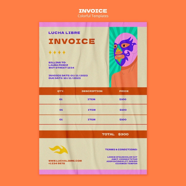 無料PSD 手描きのメキシコ レスリングの請求書テンプレート