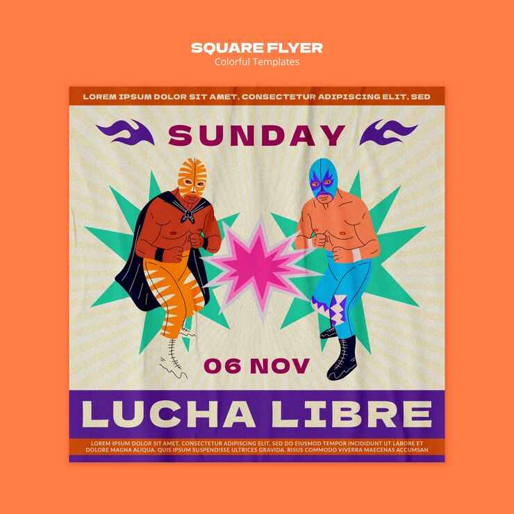 Free PSD hand drawn mexican wrestling square flyer