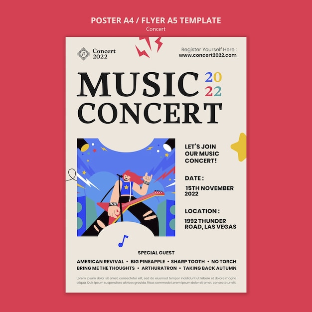 PSD gratuito modello di poster di concerto di musica disegnato a mano