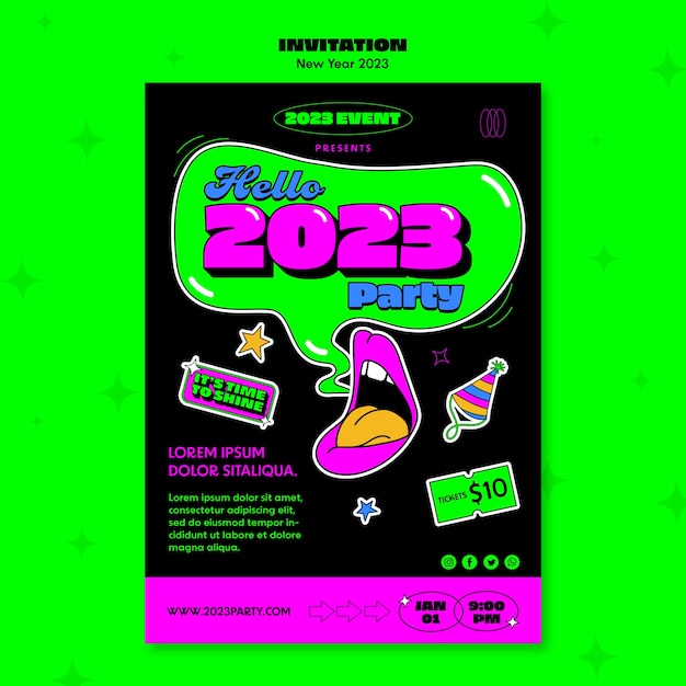 無料PSD 手描きの新年2023年の招待状のテンプレート