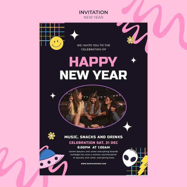 Free PSD hand drawn new year invitation template