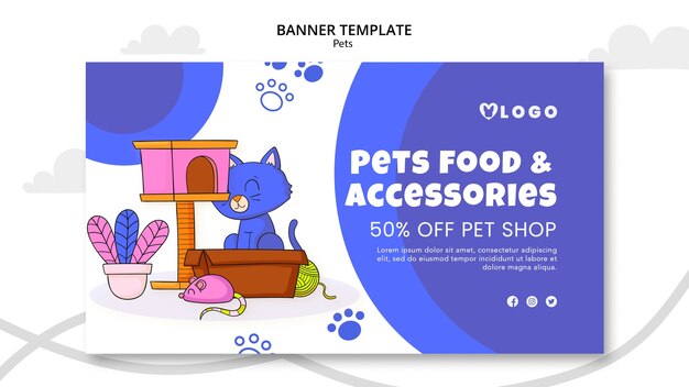 Hand drawn pets care horizontal banner template