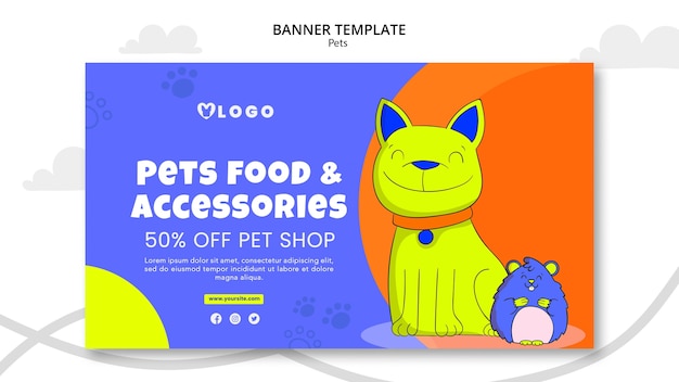 Free PSD hand drawn pets care horizontal banner template