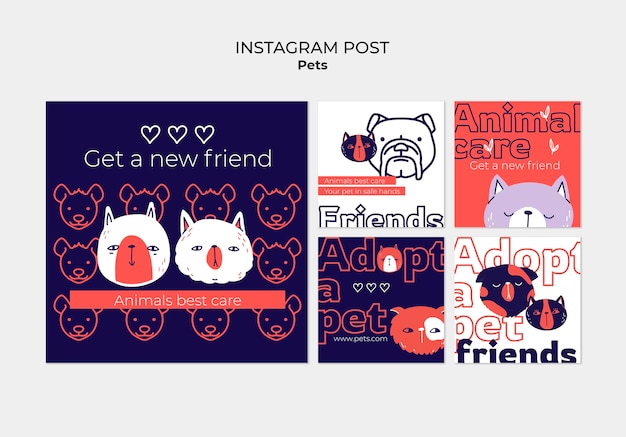 Free PSD hand drawn pets care instagram posts