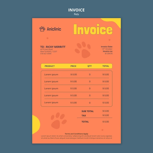 Hand drawn pets care invoice template