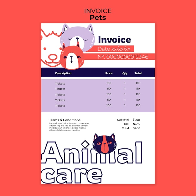 Hand drawn pets care invoice template