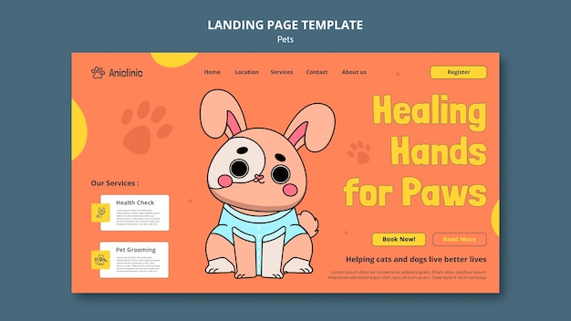 Free PSD hand drawn pets care landing page template