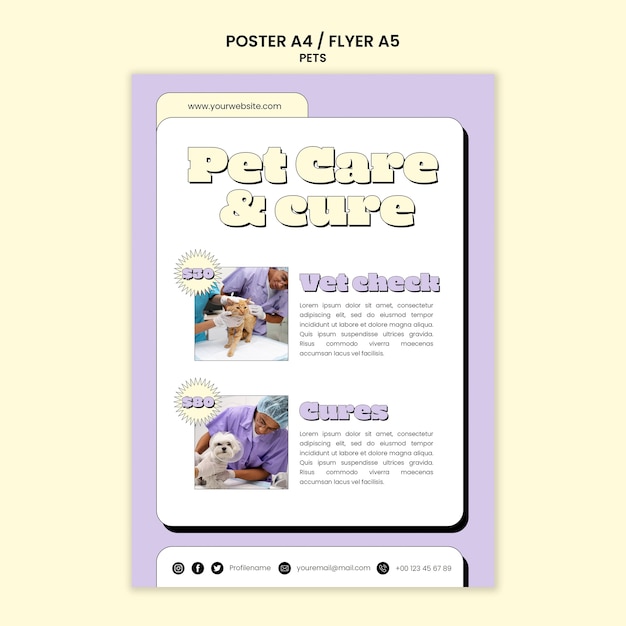 PSD gratuito modello di poster per la cura degli animali domestici disegnato a mano