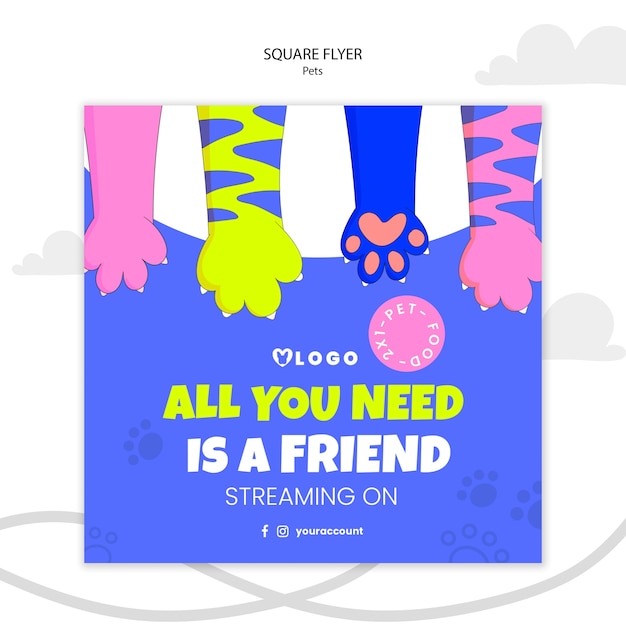 Hand drawn pets care square flyer template