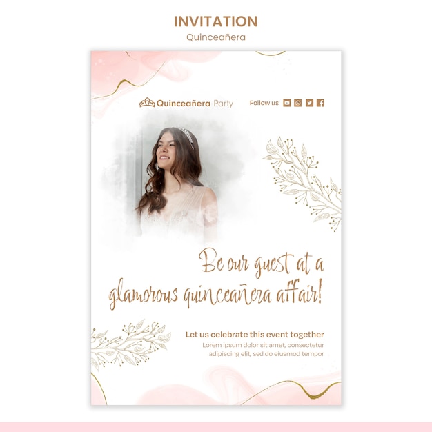 PSD gratuito modello di invito a una festa quinceanera disegnato a mano