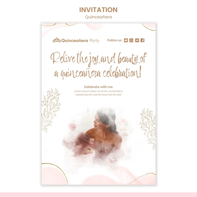 PSD gratuito modello di invito a una festa quinceanera disegnato a mano