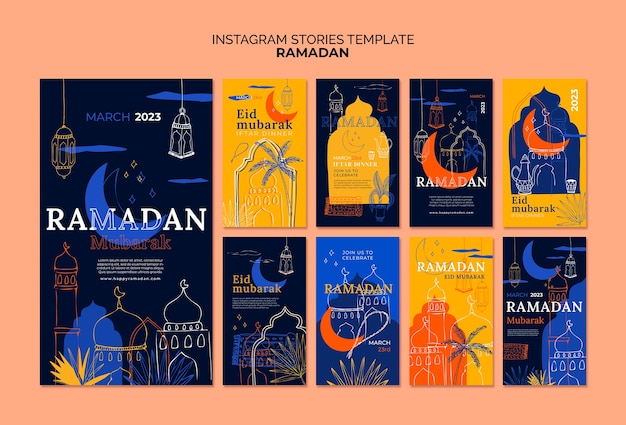 PSD gratuito storie di instagram di celebrazione del ramadan disegnate a mano