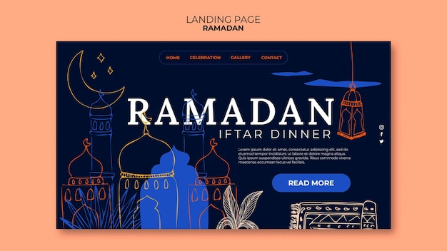 PSD gratuito pagina di destinazione della celebrazione del ramadan disegnata a mano