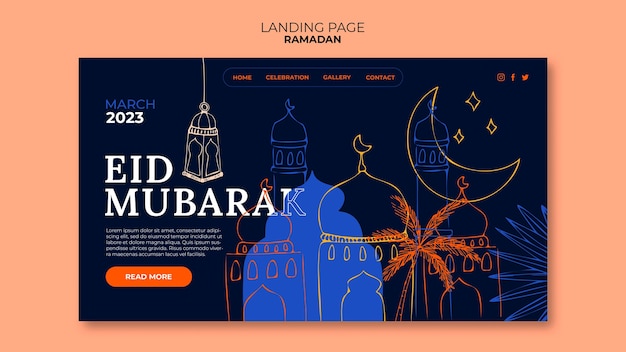 PSD gratuito pagina di destinazione della celebrazione del ramadan disegnata a mano