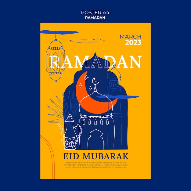 Бесплатный PSD Нарисованный рукой шаблон плаката празднования рамадана