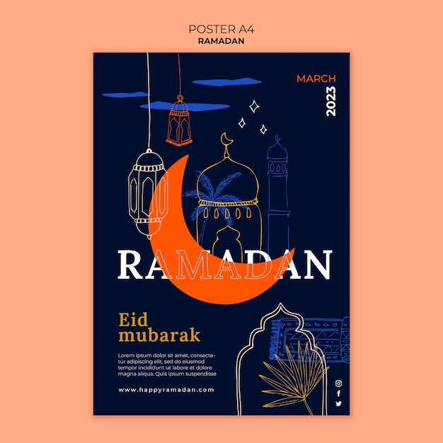 Free PSD hand drawn ramadan celebration poster