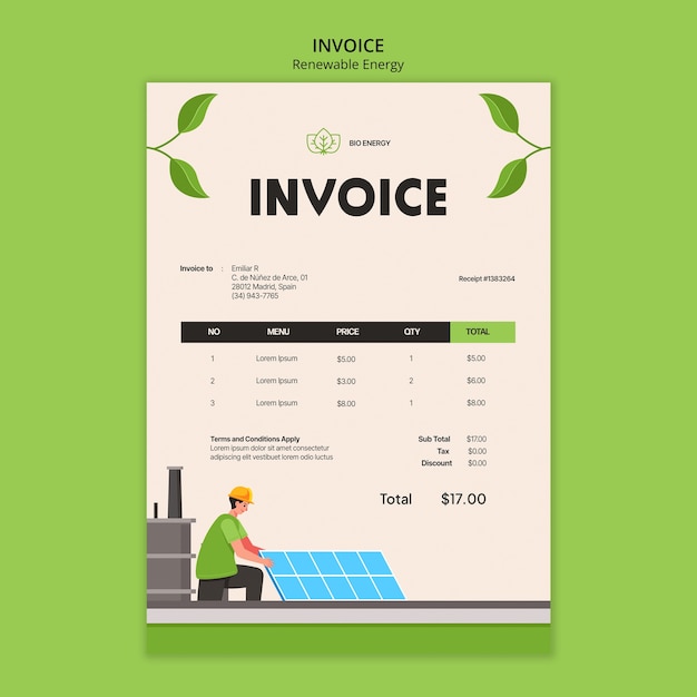 Hand drawn renewable energy invoice template