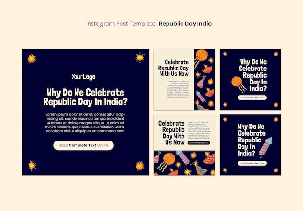 Free PSD hand drawn republic day instagram post set