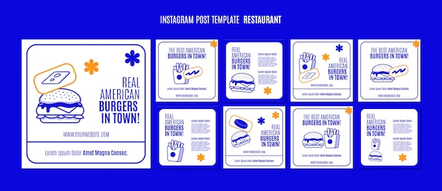 PSD gratuito set di post instagram ristorante disegnato a mano