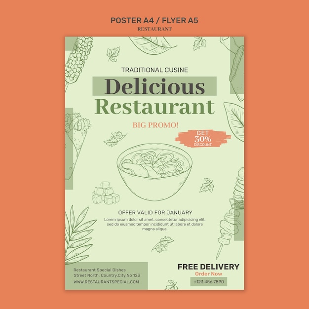 Free PSD hand drawn restaurant opening poster template