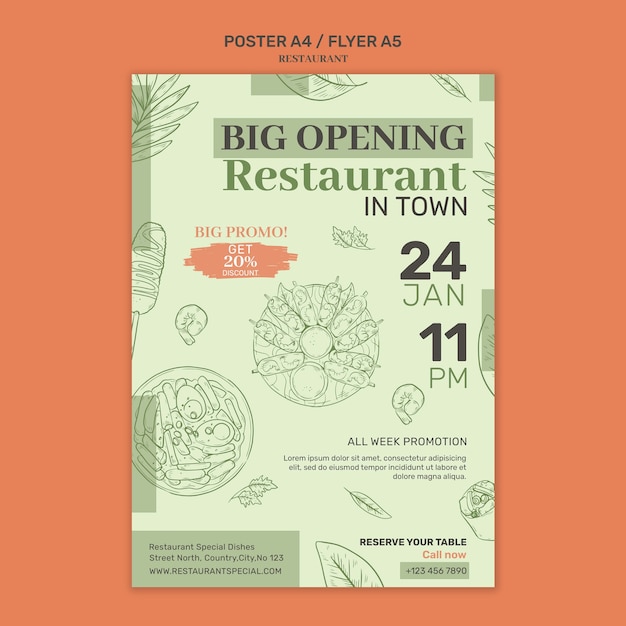 PSD gratuito modello di poster di apertura di un ristorante disegnato a mano