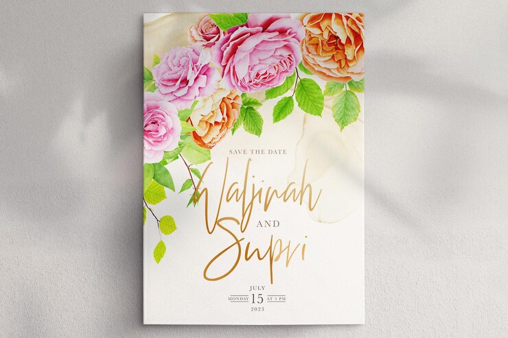 Free PSD hand drawn rose floral and leaves card design
