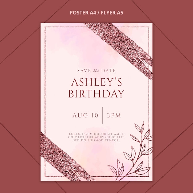 Free PSD hand drawn rose gold birthday flyer  template