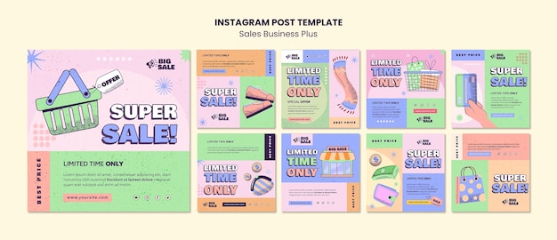 Hand drawn sales business instagram post set