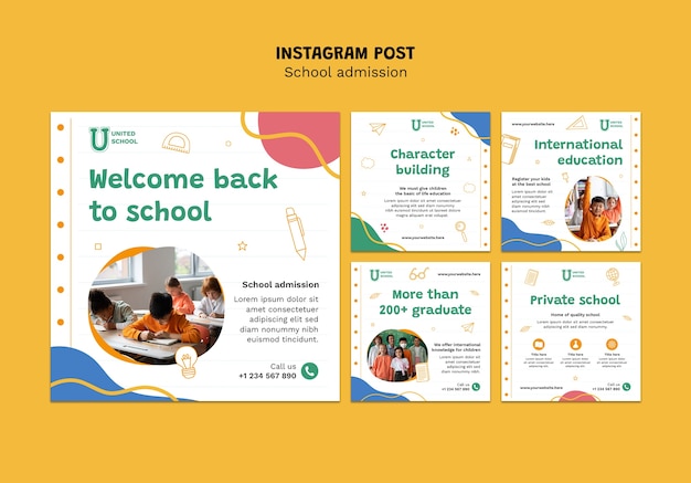 Бесплатный PSD Нарисованные от руки посты в instagram о поступлении в школу