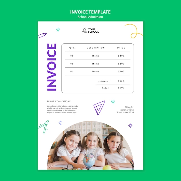 Free PSD hand drawn school admission invoice template