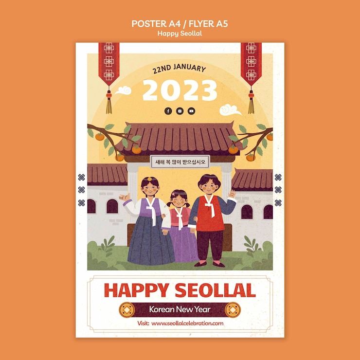 무료 PSD 손으로 그린 설날 축하 포스터 템플릿