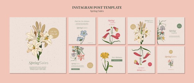 Hand drawn spring sale instagram posts template