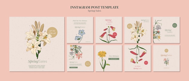 Hand drawn spring sale instagram posts template