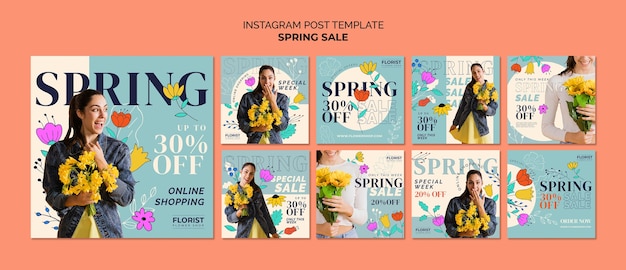 Hand drawn spring sale instagram posts template