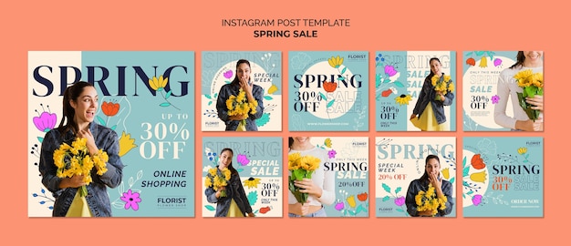 Modello di post di instagram di vendita primaverile disegnato a mano