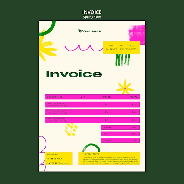 Free PSD hand drawn spring sale invoice template