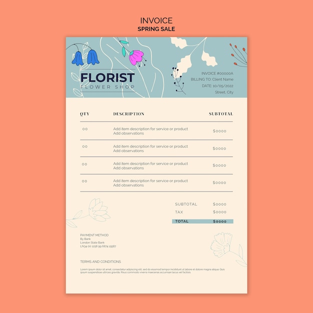 Free PSD hand drawn spring sale invoice template